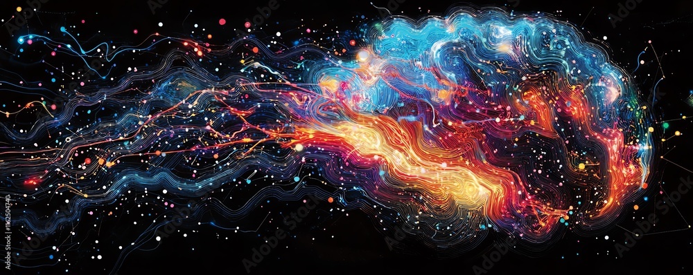Poster A brain with vibrant circuit connections, symbolizing the seamless fusion of AGIs humanlike reasoning and technological prowess