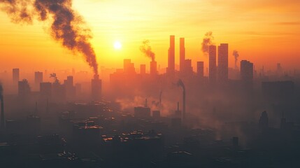 Fototapeta premium Smoky sunset cityscape with industrial pollution.