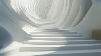 Fototapeta premium Abstract Curved White Staircase in Illuminated Modern Interior Space