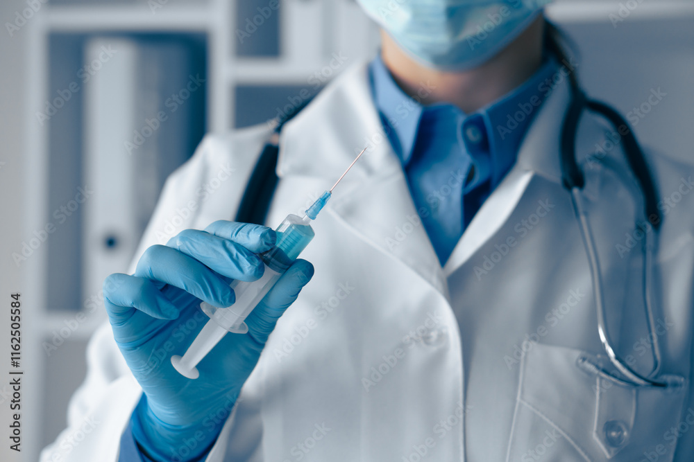 Aufkleber a healthcare professional diligently preparing a vaccine for administration in a clinic setting, sho