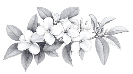 Plumeria flowers and leaves in grayscale pencil drawing