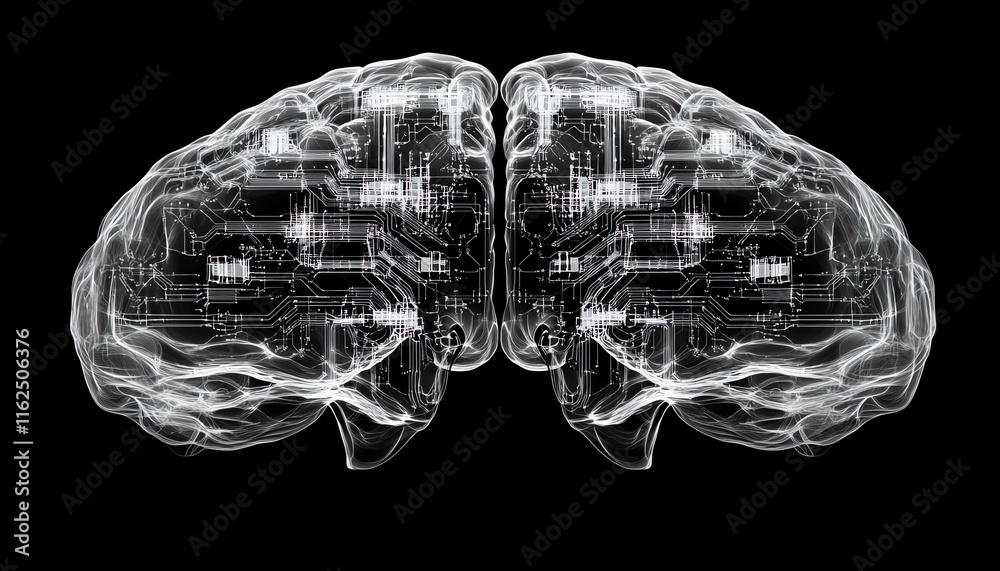 Aufkleber Brain with circuit lines intertwining, symbolizing AGIs seamless blend of humanlike intelligence and advanced technology
