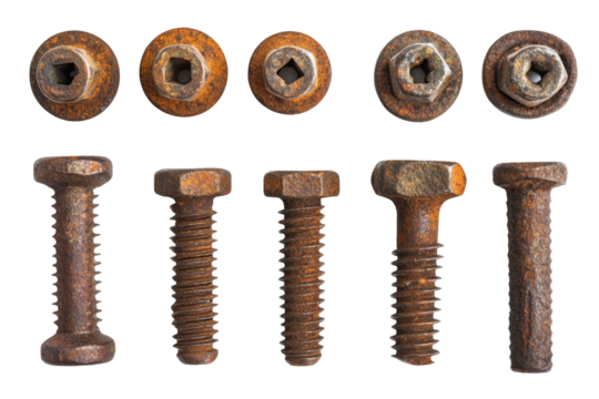 A rustic display of rusty iron carriage bolts arranged neatly on a clean white background
