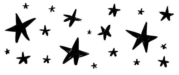 Illustration of hand drawn star texture pattern on black and white background, group of drawn stars.