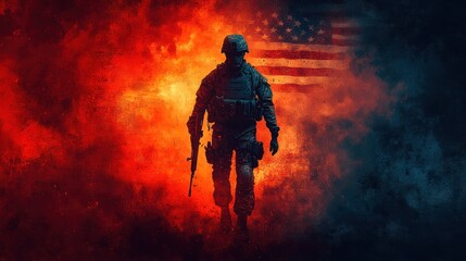 Soldier walking through fire and smoke with an American flag in the background.