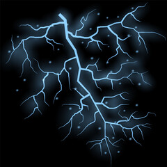 Thunder lightning on dark background. Lightning Thunderstorm Set. Thunderbolt spark. Bright glow and sparkle effect. Realistic transparent lightning. Vector illustration eps10.