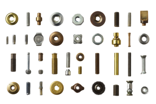 An artistic display of different bolts and nuts arranged creatively, showcasing their diversity on a bright white backdrop