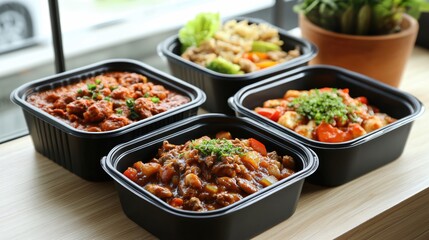 Delicious Various Dishes in Black Containers on Wooden Surface Near Windows