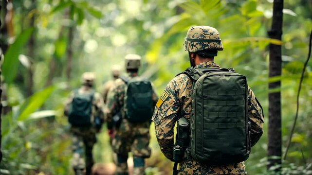 Soldiers Marching Through Dense Jungle Environment With Military Gear and Attire