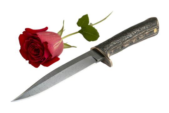 An exquisite rose positioned beside a military knife on a bright white backdrop, highlighting the juxtaposition of nature and utility - Powered by Adobe