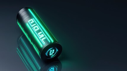 A sleek, futuristic cylindrical object with glowing green accents, reflecting light against a dark background.