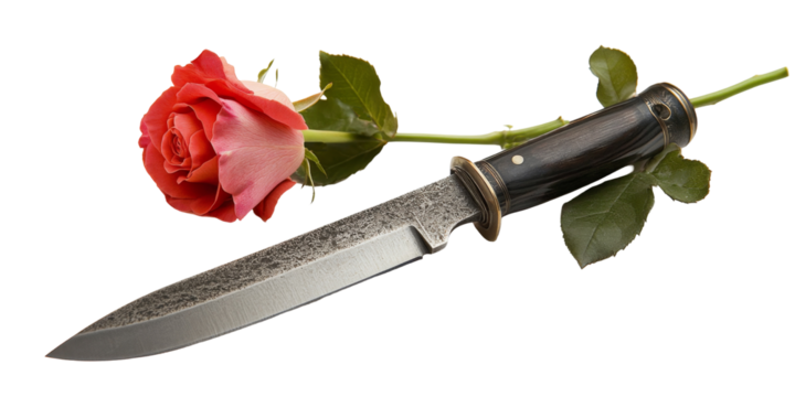 A single red rose rests next to a sharp military knife on a white background, creating a striking contrast