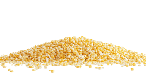 An artfully arranged pile of golden yellow corn kernels forms a captivating visual on a pristine white background