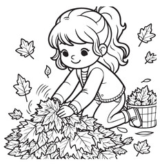 Coloring book girl catch spring leaves 