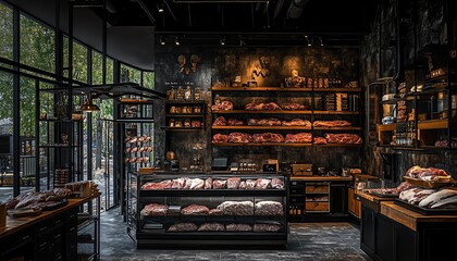 Dry aged meat in a butcher shop with fresh steaks illuminated by soft, warm lighting, highlighting gourmet quality and craftsmanship