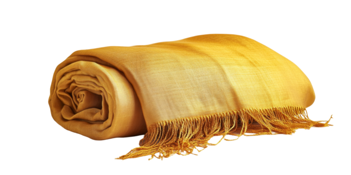 A meticulously folded golden silk shawl creates a visually appealing display against a pure white backdrop, showcasing its exquisite craftsmanship