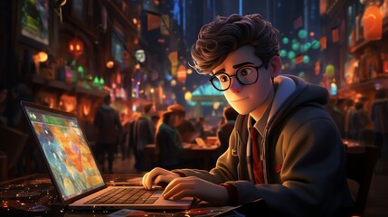 Young man using laptop in fantasy city.