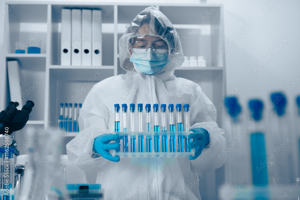 Poster A diligent laboratory researcher is expertly handling test tubes while dressed in full protective gear, ensuring safety and accuracy in their vital work involving complex experiments and analysis