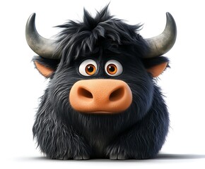 Cute cartoon yak with dark fur, large horns, and expressive eyes sitting on white background.