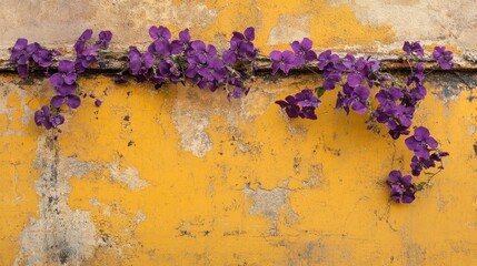 Purple Flowers Draped Over Yellow Wall