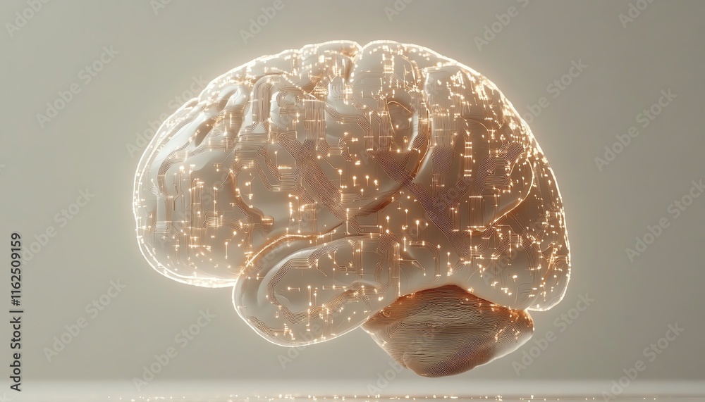 Poster Futuristic brain with interconnected circuit lines, showcasing AGI s synergy between humanlike thinking and artificial technology