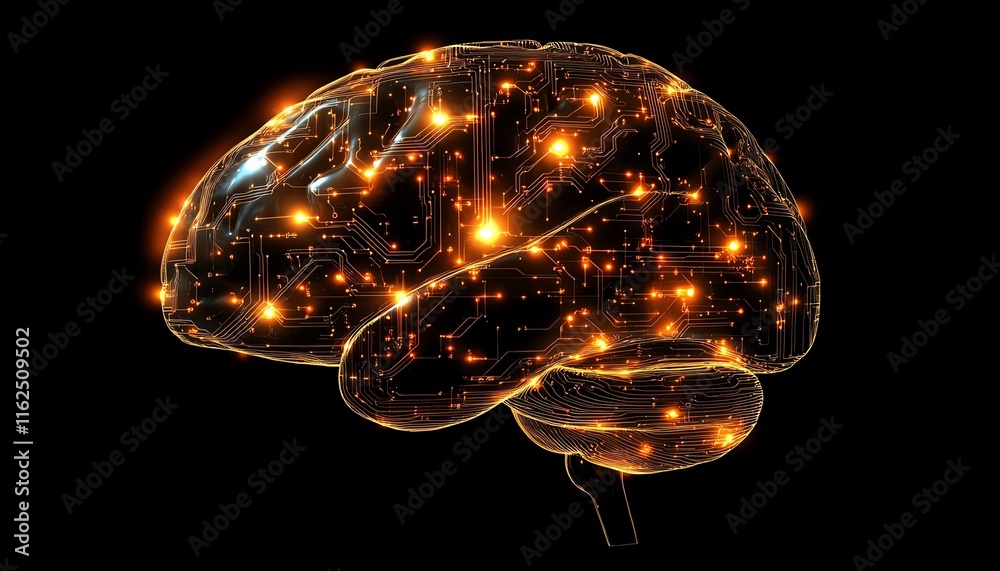 Aufkleber Human brain enhanced with luminous circuit lines, symbolizing AGI s integration of humanlike intellect and advanced machine learning