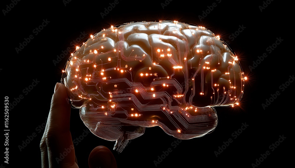Aufkleber Human brain enhanced with luminous circuit lines, symbolizing AGI s integration of humanlike intellect and advanced machine learning