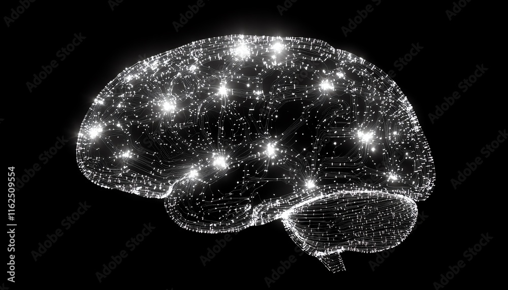 Poster human brain enhanced with luminous circuit lines, symbolizing agi s integration of humanlike intelle