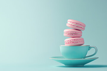 A pastel turquoise teacup stacked with macarons against a pastel background.