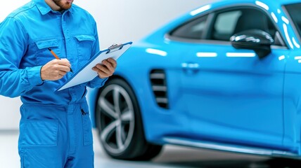 A mechanic in a blue jumpsuit inspects a blue sports car while taking notes on a clipboard in a well-lit garage.
