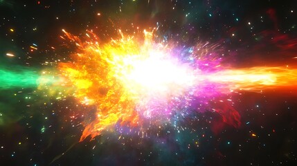 Fototapeta premium Bright Flash Explosion Followed by Spherical Shock Wave of Colorful Particles in Rainbow Colors