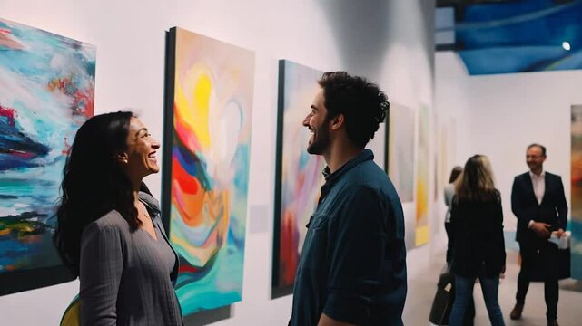 A smiling couple sharing a joyful moment while admiring colorful abstract paintings in a modern art gallery.