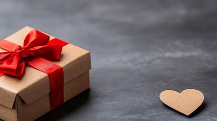 A beautifully wrapped gift box adorned with a vibrant red ribbon, accompanied by a heart-shaped card, Ideal for use in marketing campaigns, invitations, or social media posts related to celebrations