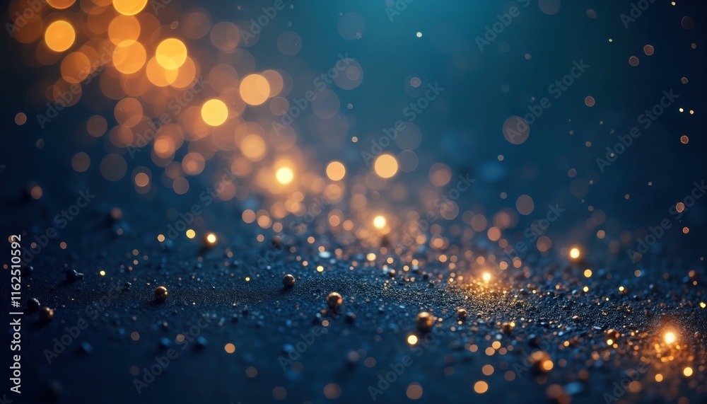 Poster Abstract background displays glittering gold particles, lights against dark blue backdrop. Festive bokeh lights create sparkling effect. Design features gold foil texture, shining particles. Suitable
