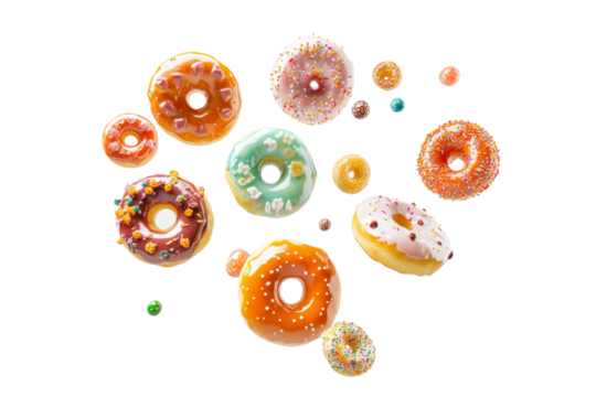 A dynamic and whimsical display of donuts suspended in mid-air against a clean white background creates a unique and eye-catching composition
