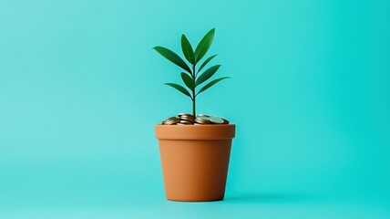 Obraz premium A green plant grows in a terracotta pot with a minimalist design, symbolizing growth and new beginnings.