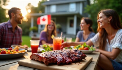 Friends, family gather outdoors for Canada Day barbecue. Enjoying grilled ribs, food, drinks. Canadian flag visible in background. Summer celebration in suburban backyard on beautiful evening.