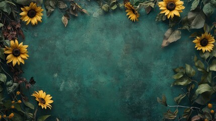 Sunflowers and Leaves on Textured Green Background