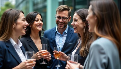 Professionals at networking event. Business people in suits. Enjoying drinks, socializing. Close-up view of group interaction. Collaboration, connections. Modern business gathering. Successful
