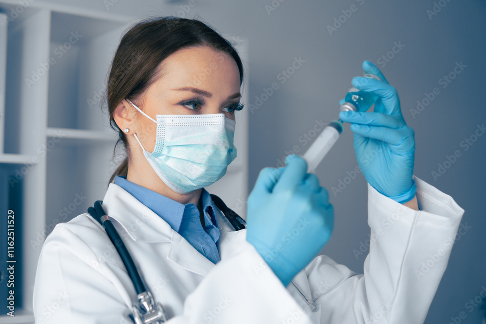 Poster A dedicated healthcare professional is focused on preparing a vaccine injection with precise care and attention to detail in a clinical setting to ensure safety and effectiveness of the procedure