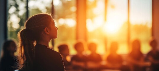 Girl Silhouette Daydreaming in Classroom with Bright Window Light, Education Concept