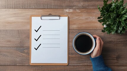 clipboard with checkmarks and cup of coffee on wooden table creates productive atmosphere. scene suggests organization and focus, perfect for planning or work sessions