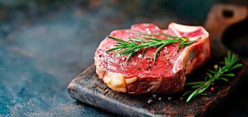 Fresh beef steak on a dark textured background with copy space