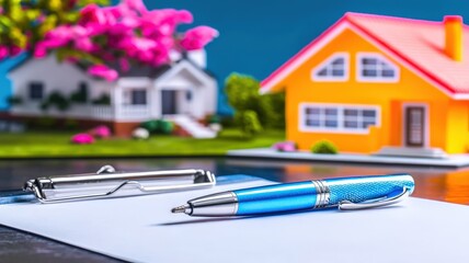 A colorful model house with a pen and paper, symbolizing real estate transactions and homeownership, set against a vibrant background.