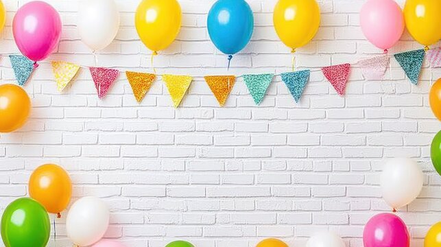 White Brick Wall with Balloons and Pennant Banner for Party Decor