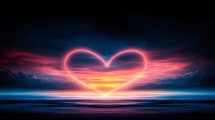 A stunning sunset over the ocean features a glowing heart shape formed by the horizon, This image can be used for romantic themes, love promotions, or as a background for social media and marketing,