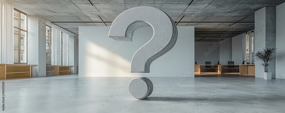 Poster a giant question mark in a minimalist office, representing uncertainty in business direction and the