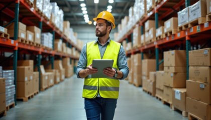 Handsome male worker in warehouse uses tablet. Wearing hard hat, safety vest. Checking inventory, supervising goods. Warehouse full of cardboard boxes. Logistics, distribution center. Products ready