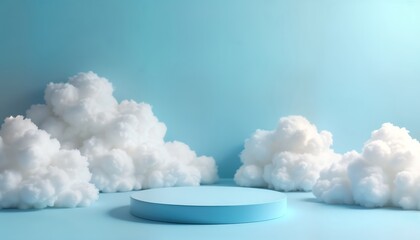 Empty light blue round podium surrounded by fluffy white clouds against pastel blue background. Minimalist studio scene. Product presentation display platform. Dreamy, creative backdrop ideal for