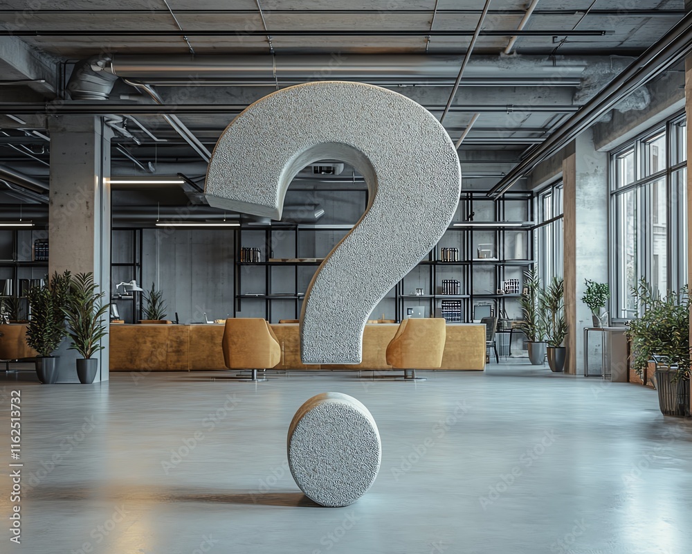 Poster a large question mark dominating a stylish office, symbolizing confusion and the uncertainty busines